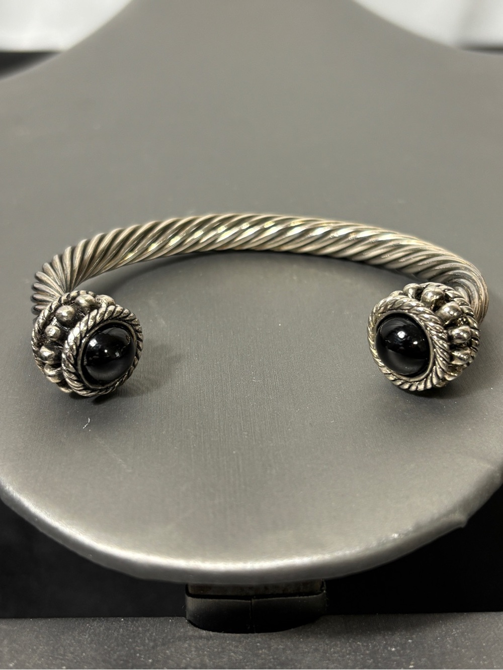 Braided Cable Cuff Bracelet Silver tone and Black Cabochons